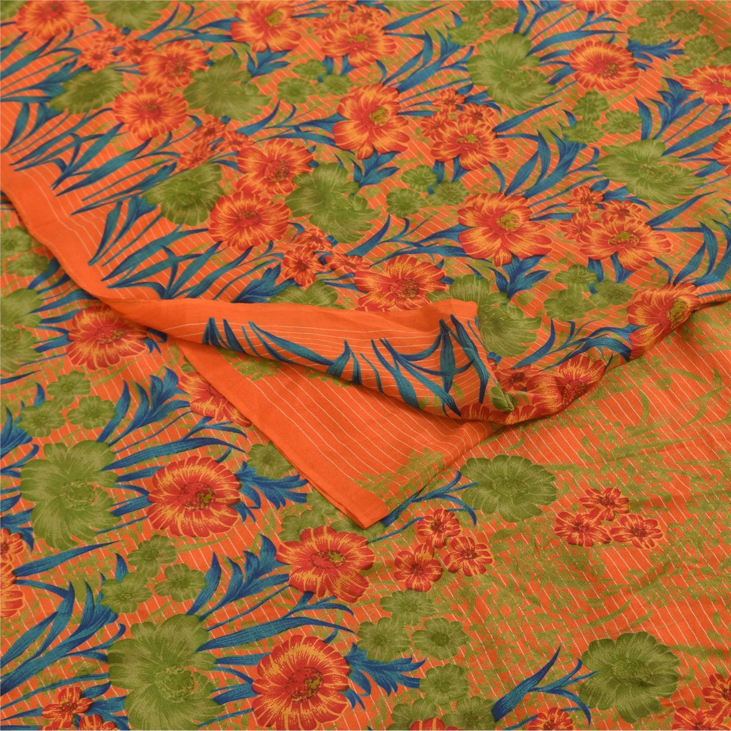 Sanskriti Vintage Sarees Orange Pure Crepe Silk Printed Sari 5+yd Craft Fabric