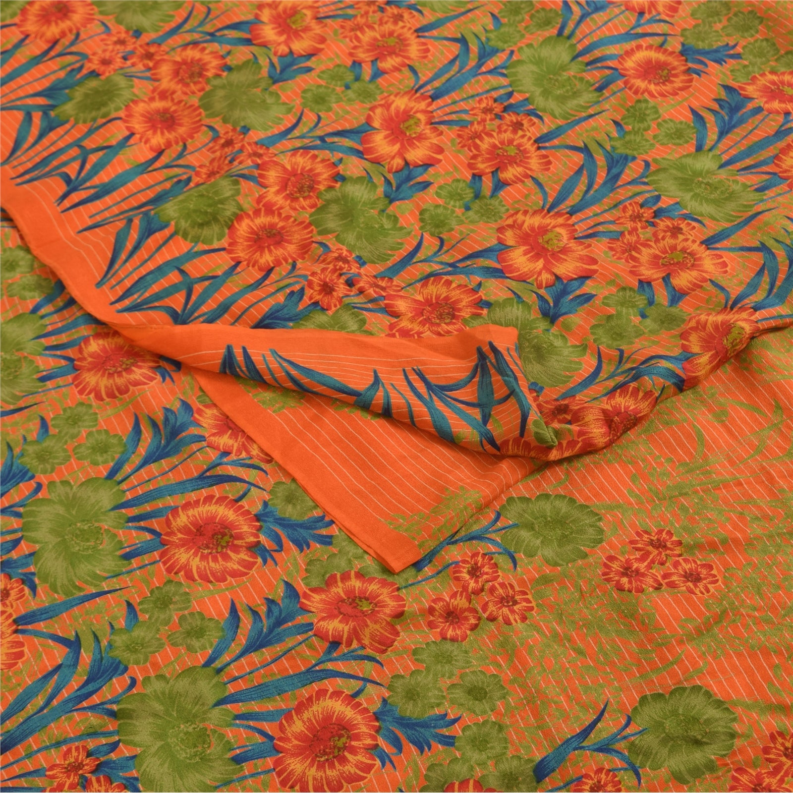 Sanskriti Vintage Sarees Orange Pure Crepe Silk Printed Sari 5+yd Craft Fabric