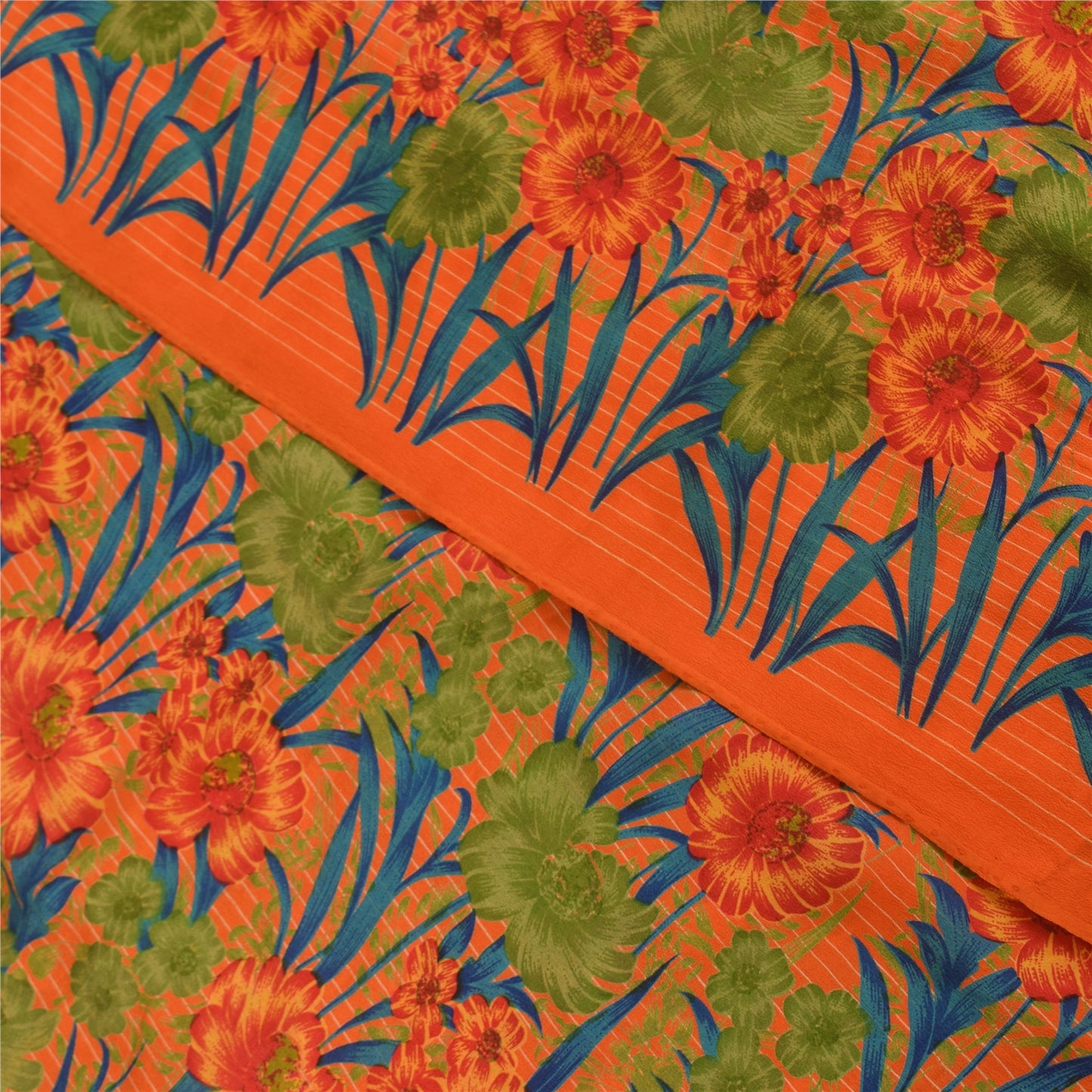 Sanskriti Vintage Sarees Orange Pure Crepe Silk Printed Sari 5+yd Craft Fabric