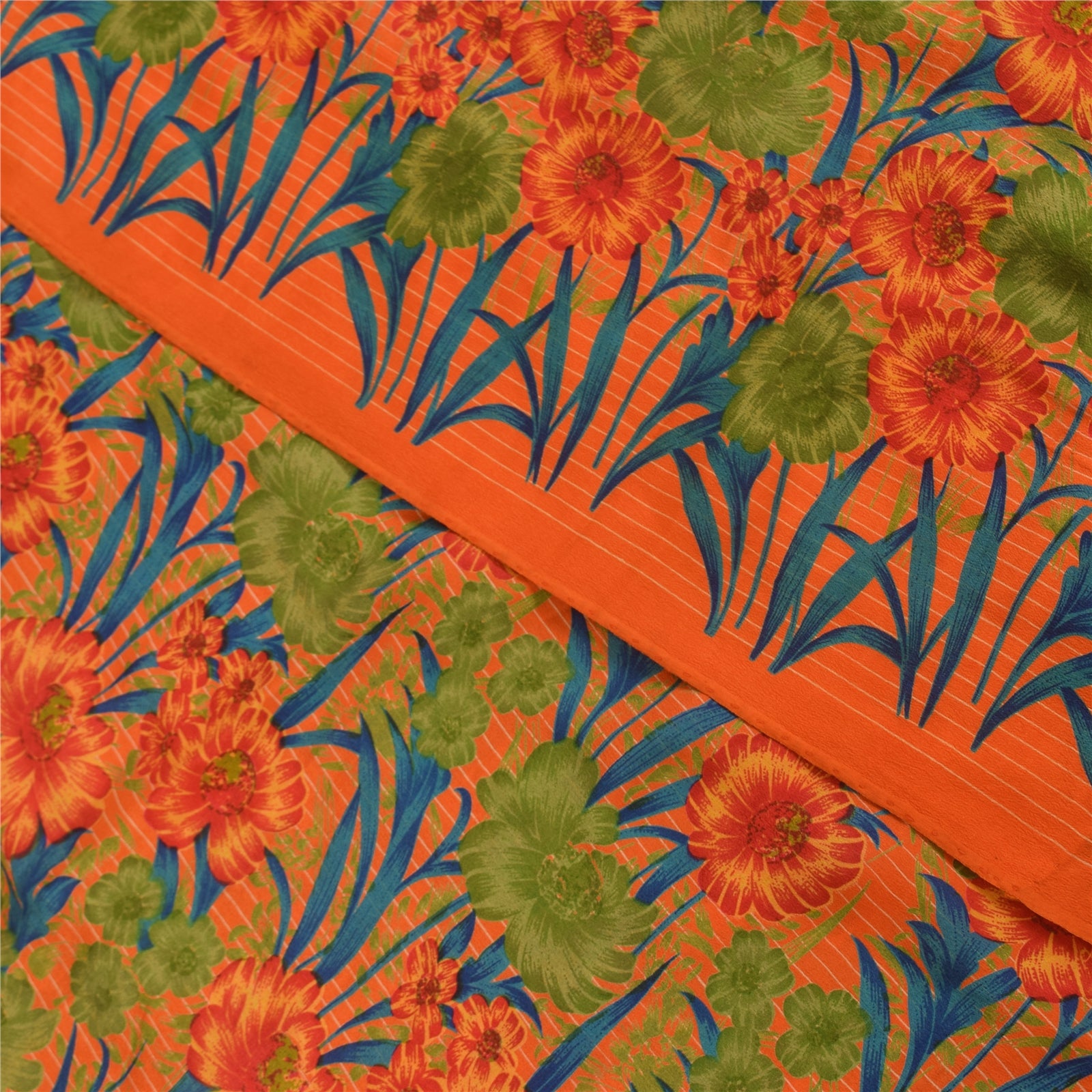 Sanskriti Vintage Sarees Orange Pure Crepe Silk Printed Sari 5+yd Craft Fabric