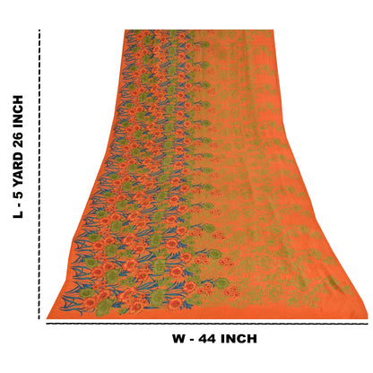 Sanskriti Vintage Sarees Orange Pure Crepe Silk Printed Sari 5+yd Craft Fabric