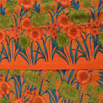 Sanskriti Vintage Sarees Orange Pure Crepe Silk Printed Sari 5+yd Craft Fabric