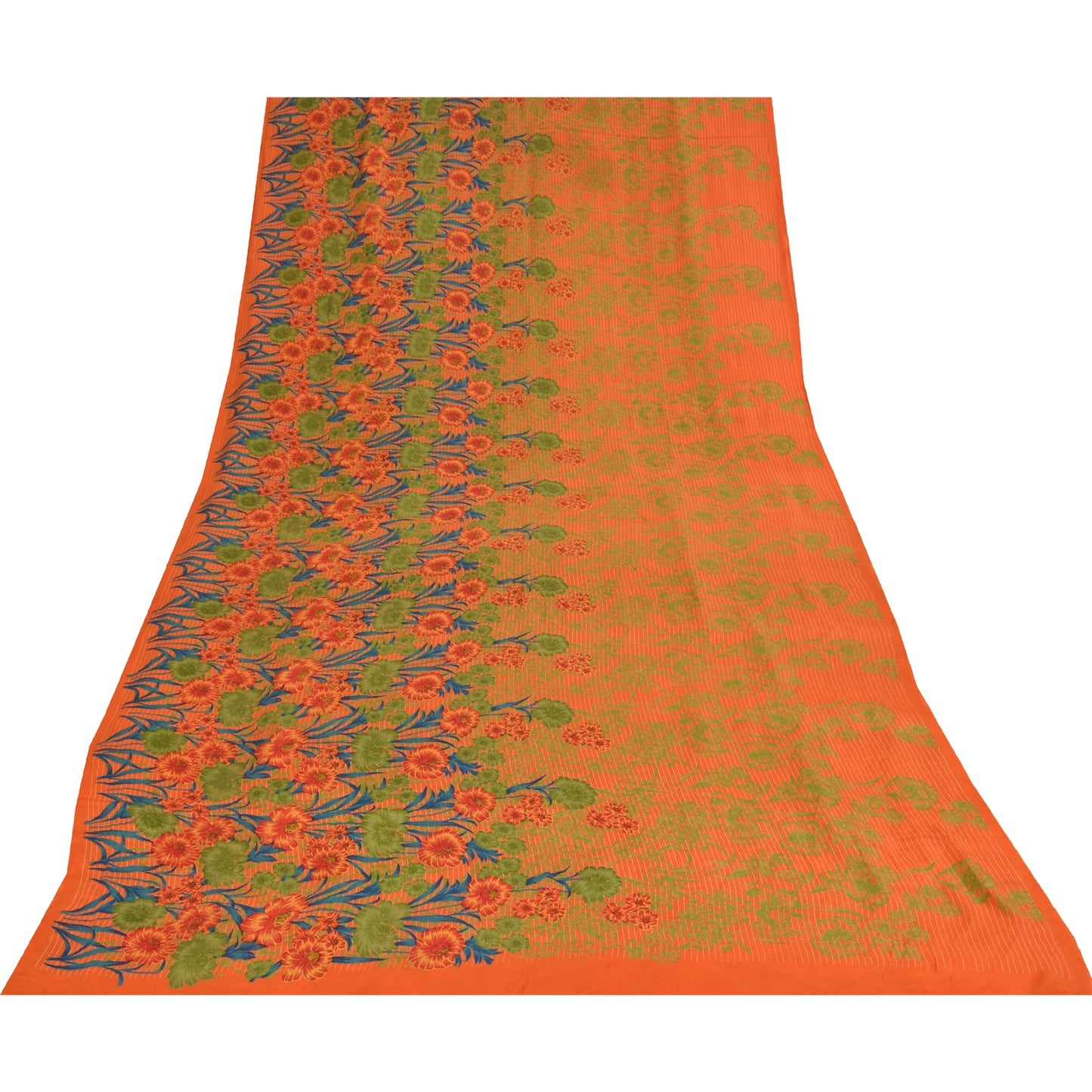Sanskriti Vintage Sarees Orange Pure Crepe Silk Printed Sari 5+yd Craft Fabric