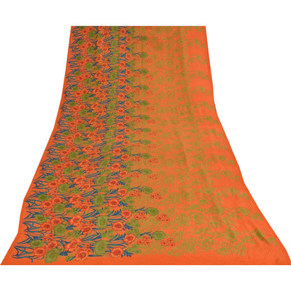 Sanskriti Vintage Sarees Orange Pure Crepe Silk Printed Sari 5+yd Craft Fabric