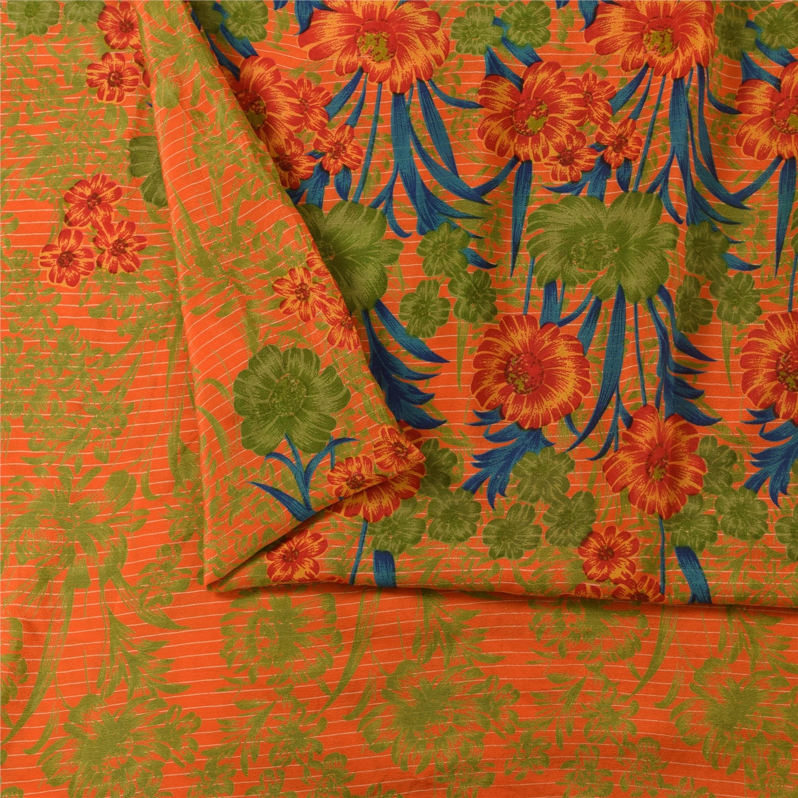 Sanskriti Vintage Sarees Orange Pure Crepe Silk Printed Sari 5+yd Craft Fabric