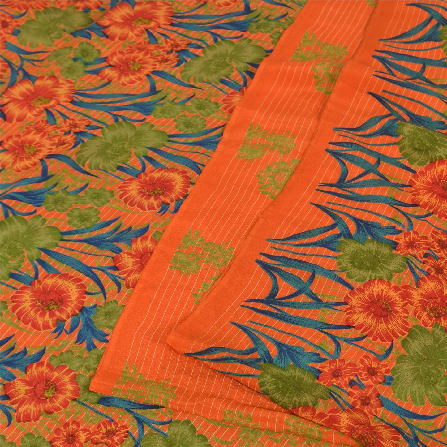 Sanskriti Vintage Sarees Orange Pure Crepe Silk Printed Sari 5+yd Craft Fabric