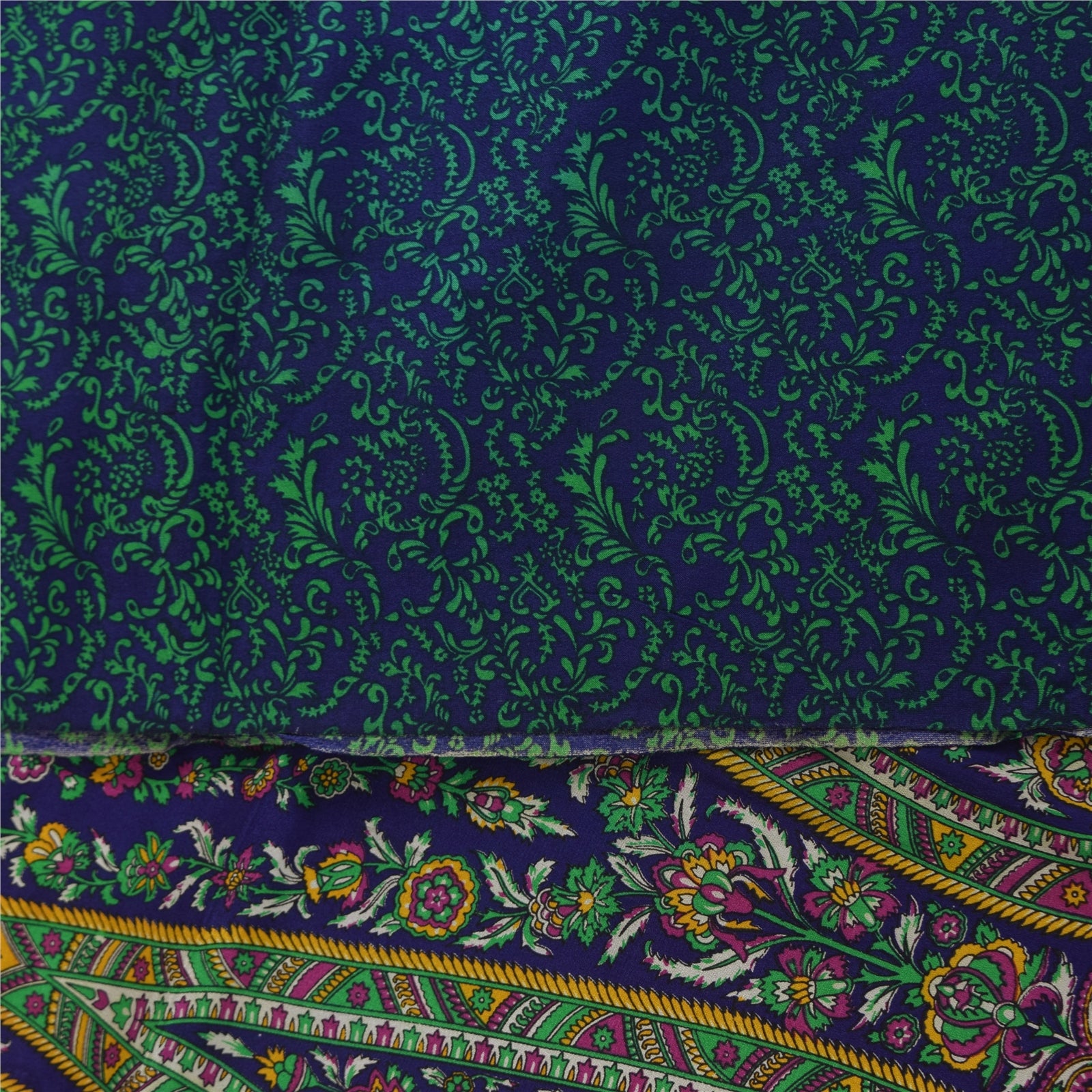 Sanskriti Vintage Sarees Blue & Green Pure Crepe Printed Sari 5+yd Craft Fabric