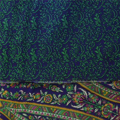 Sanskriti Vintage Sarees Blue & Green Pure Crepe Printed Sari 5+yd Craft Fabric