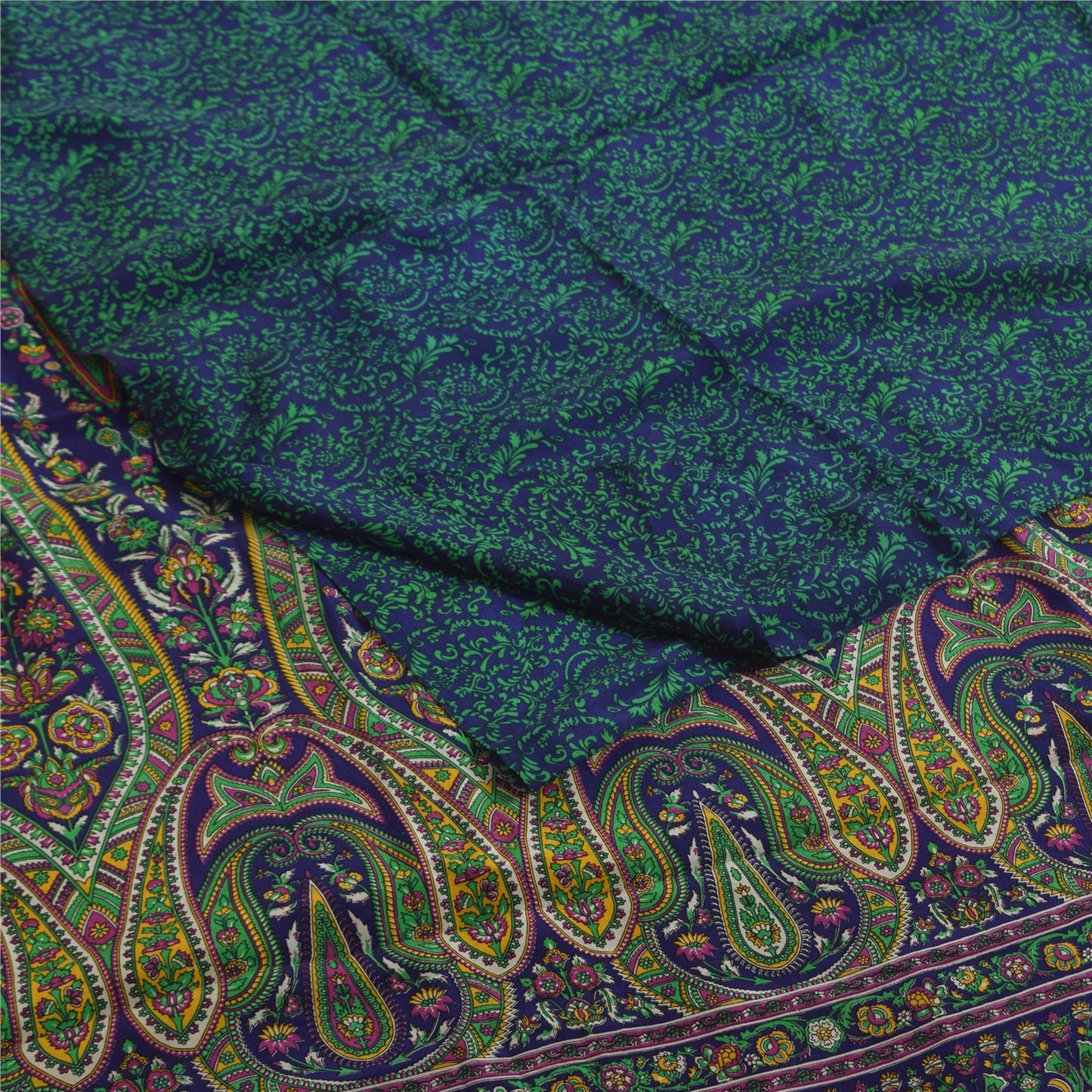 Sanskriti Vintage Sarees Blue & Green Pure Crepe Printed Sari 5+yd Craft Fabric
