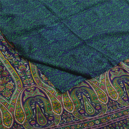 Sanskriti Vintage Sarees Blue & Green Pure Crepe Printed Sari 5+yd Craft Fabric
