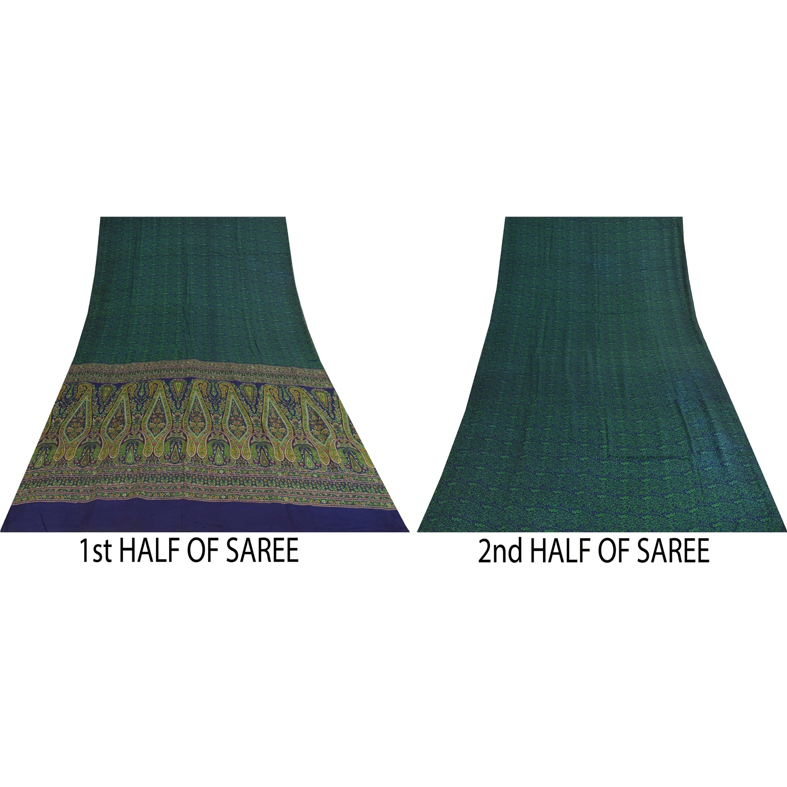 Sanskriti Vintage Sarees Blue & Green Pure Crepe Printed Sari 5+yd Craft Fabric