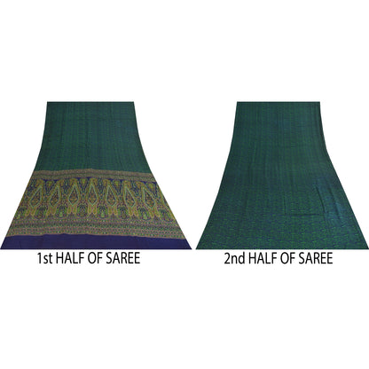 Sanskriti Vintage Sarees Blue & Green Pure Crepe Printed Sari 5+yd Craft Fabric