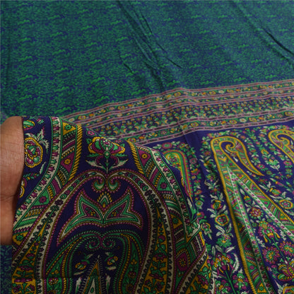 Sanskriti Vintage Sarees Blue & Green Pure Crepe Printed Sari 5+yd Craft Fabric