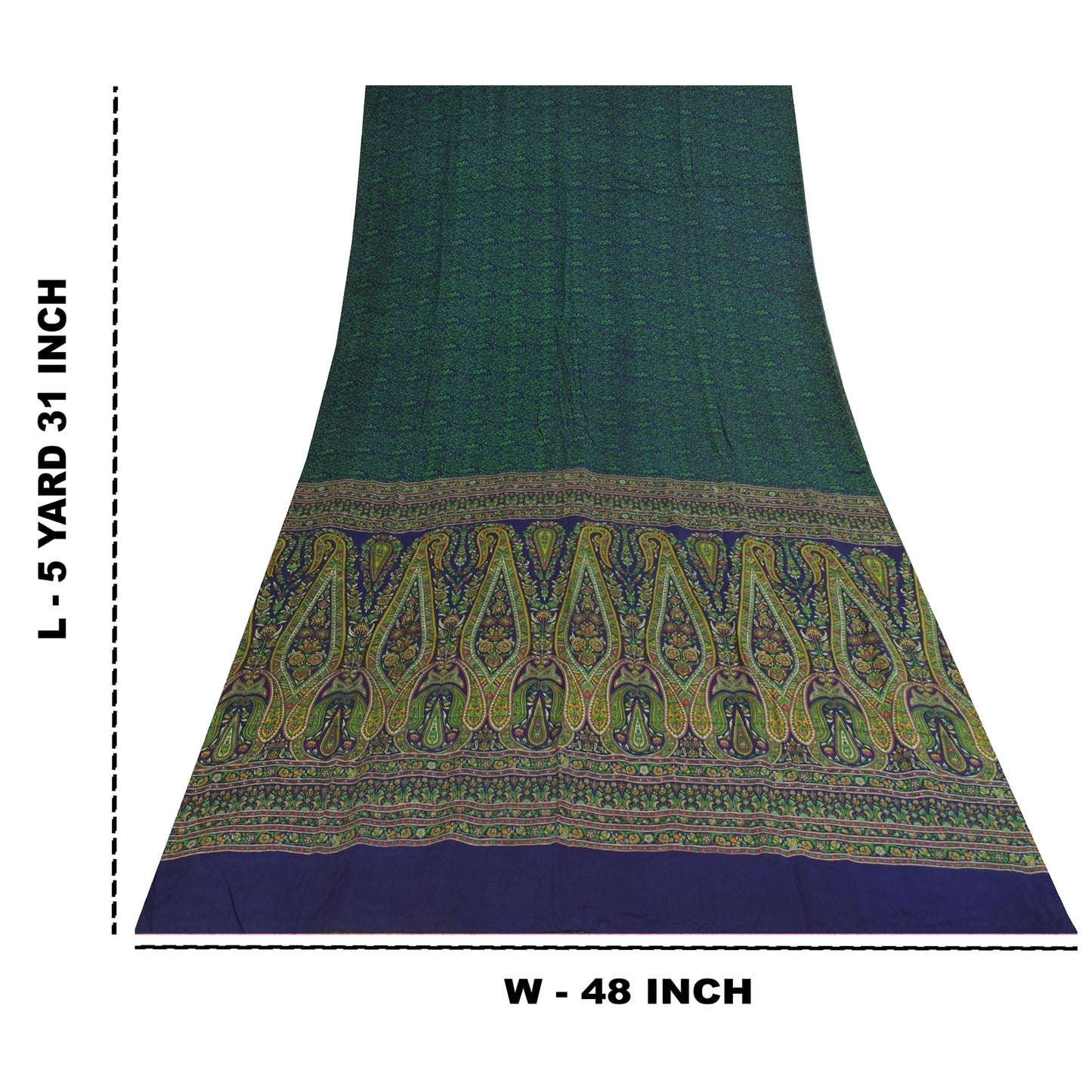 Sanskriti Vintage Sarees Blue & Green Pure Crepe Printed Sari 5+yd Craft Fabric