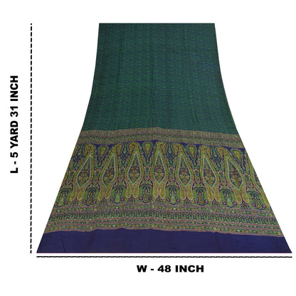 Sanskriti Vintage Sarees Blue & Green Pure Crepe Printed Sari 5+yd Craft Fabric