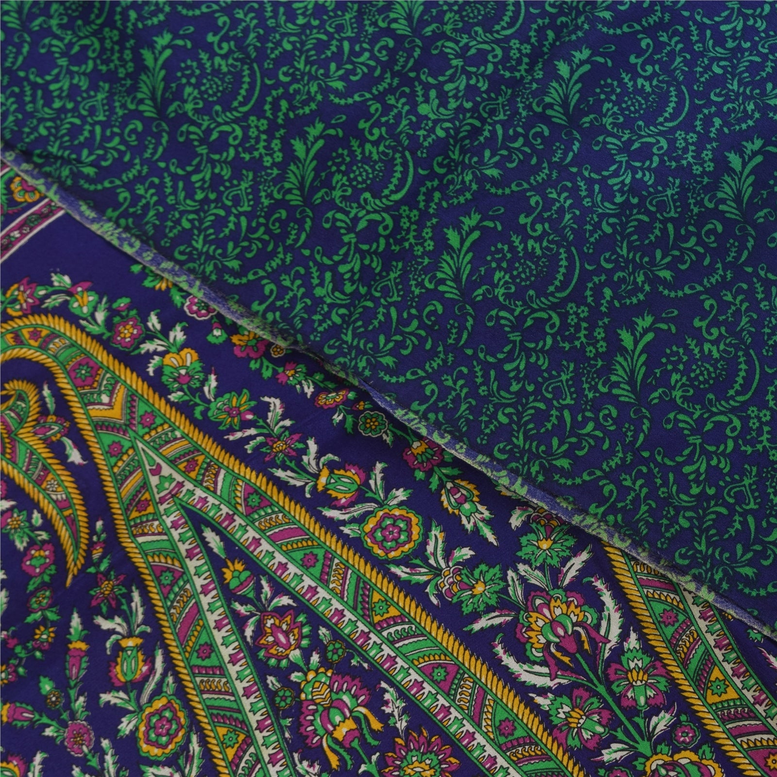 Sanskriti Vintage Sarees Blue & Green Pure Crepe Printed Sari 5+yd Craft Fabric