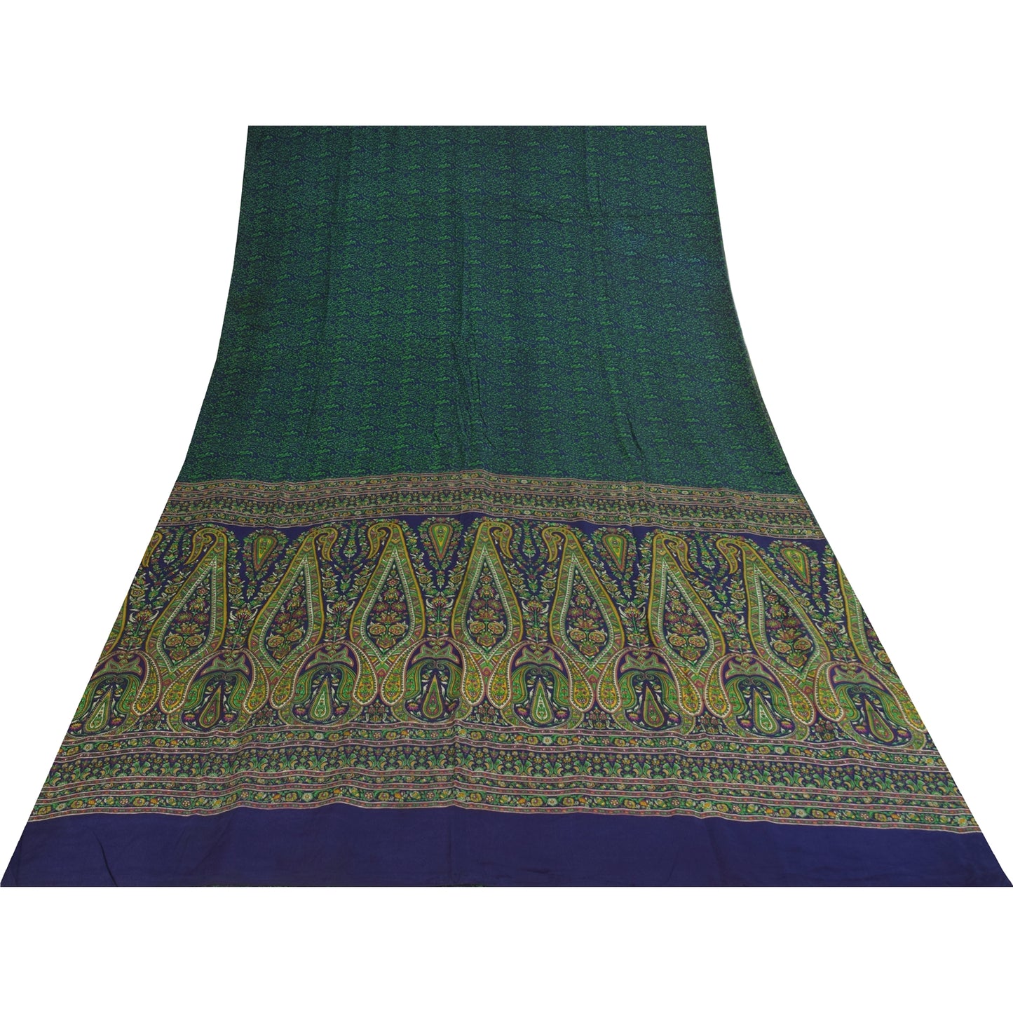 Sanskriti Vintage Sarees Blue & Green Pure Crepe Printed Sari 5+yd Craft Fabric