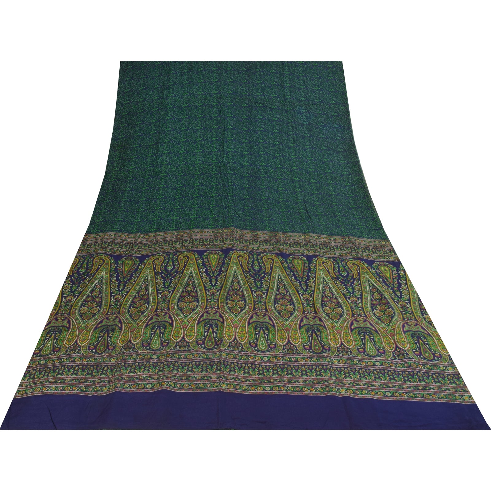 Sanskriti Vintage Sarees Blue & Green Pure Crepe Printed Sari 5+yd Craft Fabric