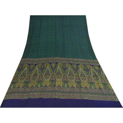 Sanskriti Vintage Sarees Blue & Green Pure Crepe Printed Sari 5+yd Craft Fabric