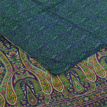 Sanskriti Vintage Sarees Blue & Green Pure Crepe Printed Sari 5+yd Craft Fabric