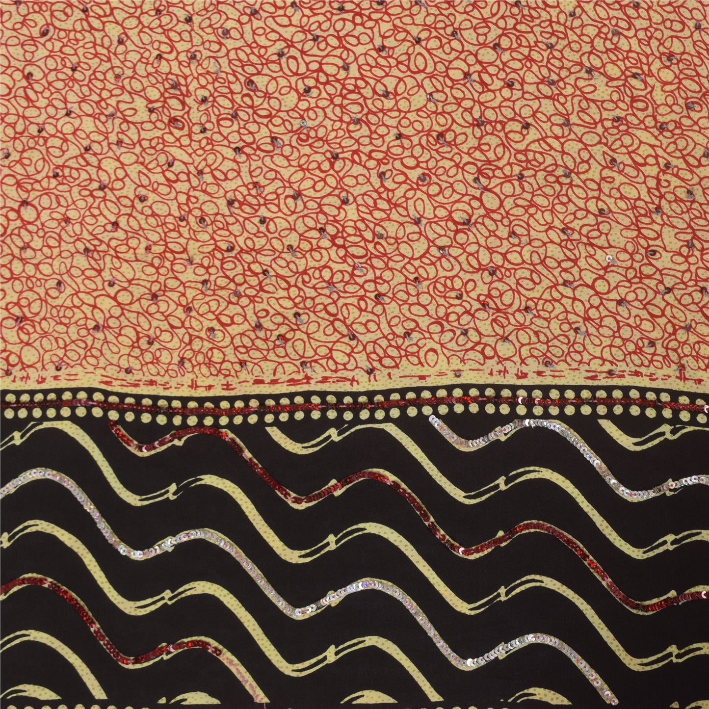 Sanskriti Vintage Sarees Peach & Red Pure Crepe EmbroideryPrint Sari 5+yd Fabric