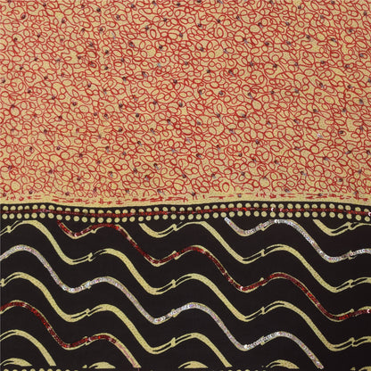 Sanskriti Vintage Sarees Peach & Red Pure Crepe EmbroideryPrint Sari 5+yd Fabric