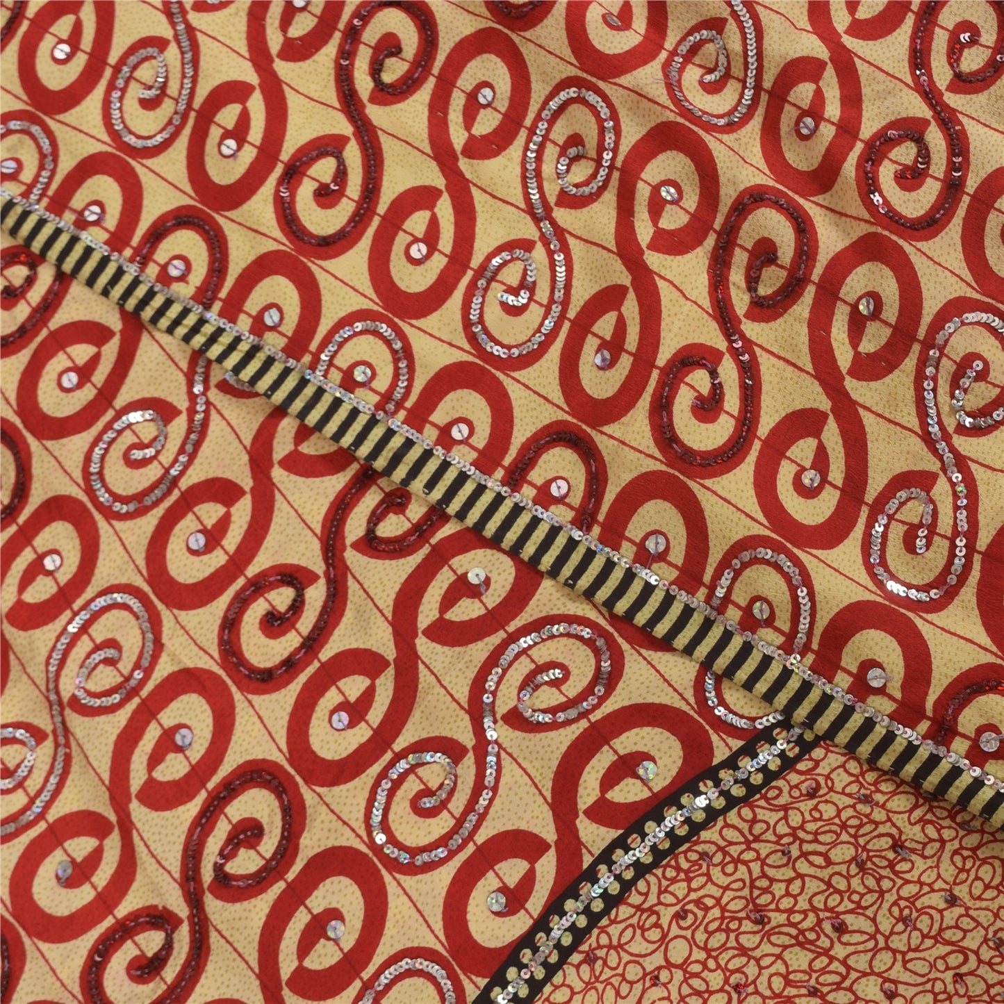 Sanskriti Vintage Sarees Peach & Red Pure Crepe EmbroideryPrint Sari 5+yd Fabric