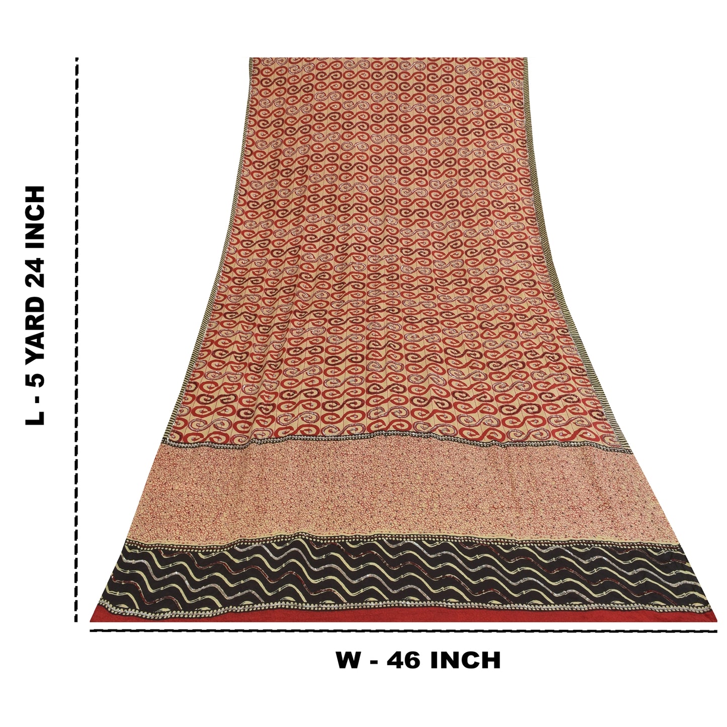 Sanskriti Vintage Sarees Peach & Red Pure Crepe EmbroideryPrint Sari 5+yd Fabric