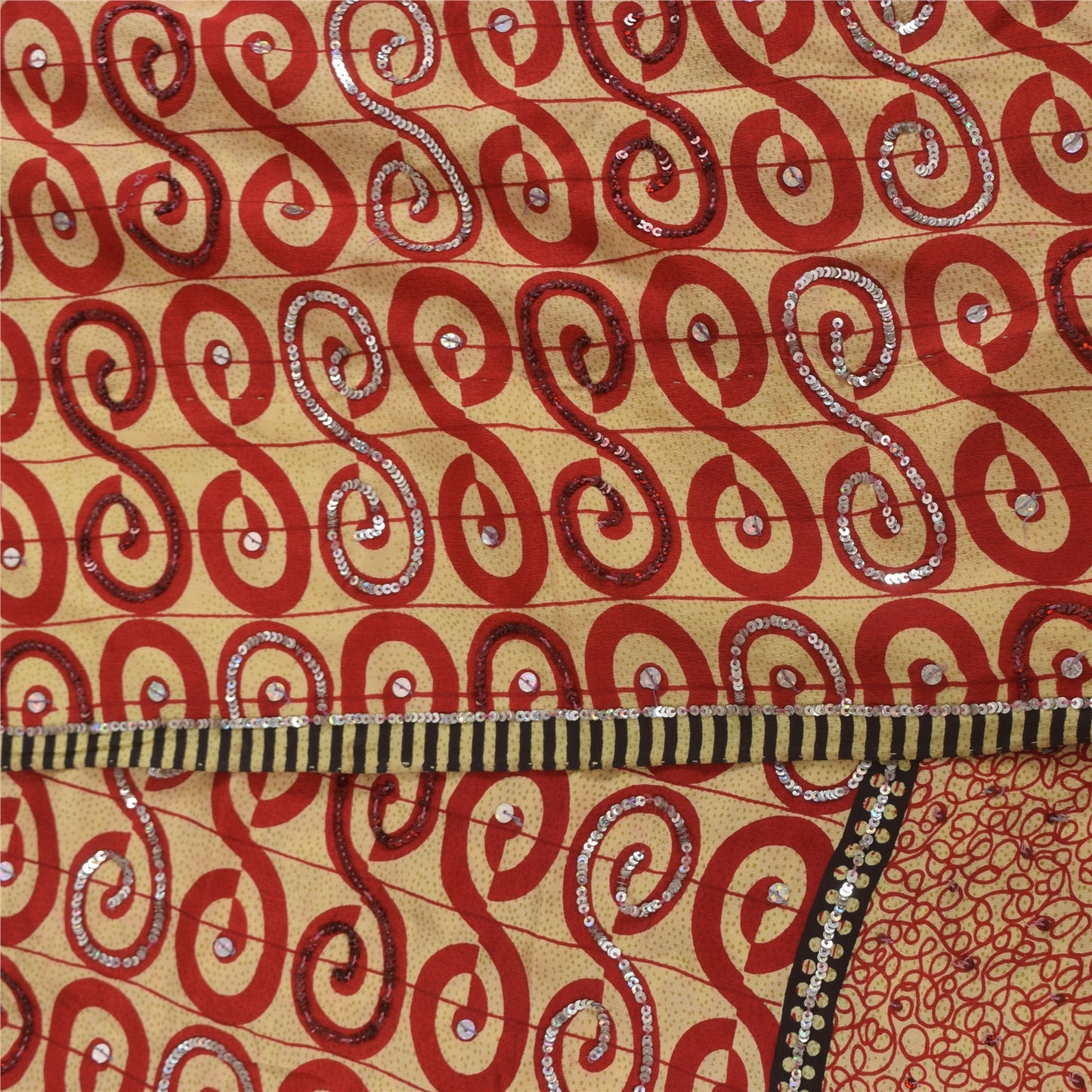 Sanskriti Vintage Sarees Peach & Red Pure Crepe EmbroideryPrint Sari 5+yd Fabric