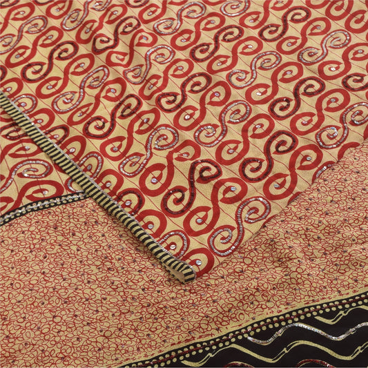 Sanskriti Vintage Sarees Peach & Red Pure Crepe EmbroideryPrint Sari 5+yd Fabric