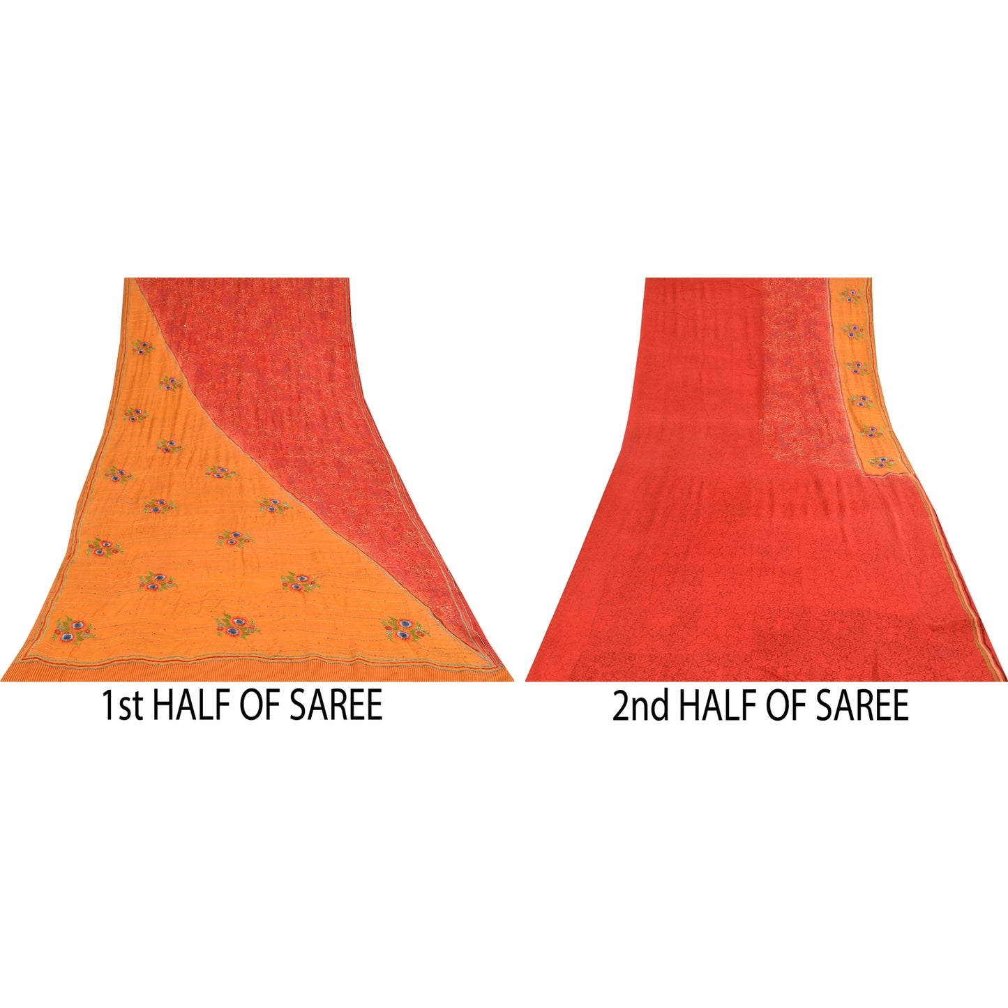 Sanskriti Vintage Sarees Red & Yellow Hand Beaded Kantha Pure Crepe Sari Fabric