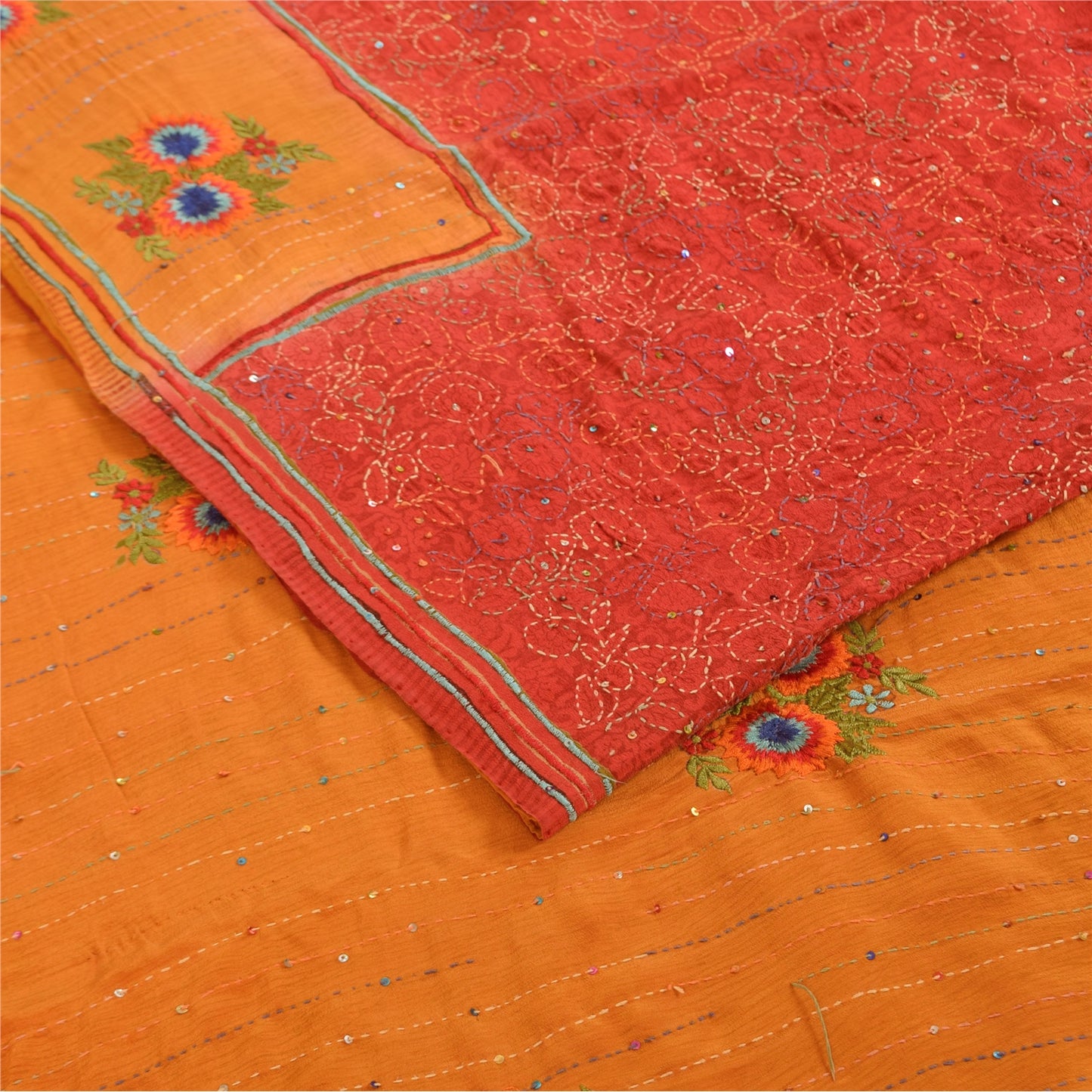 Sanskriti Vintage Sarees Red & Yellow Hand Beaded Kantha Pure Crepe Sari Fabric