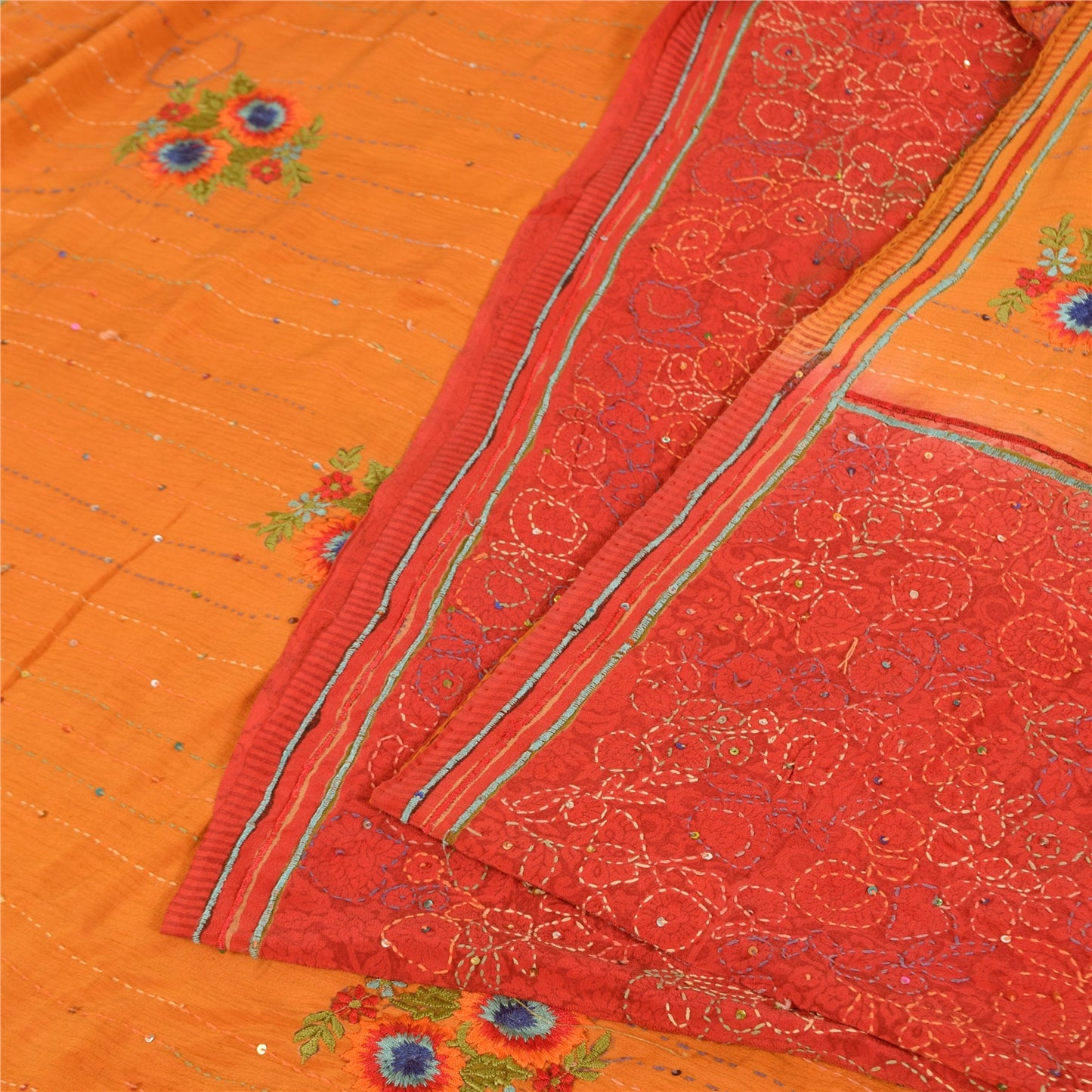 Sanskriti Vintage Sarees Red & Yellow Hand Beaded Kantha Pure Crepe Sari Fabric