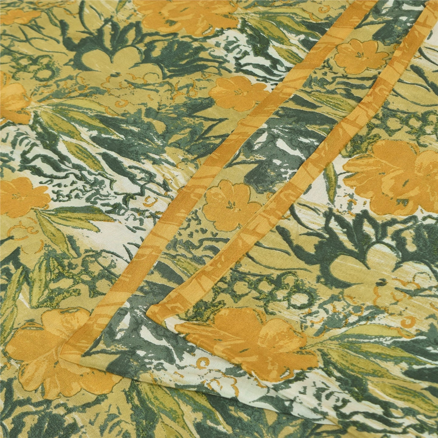 Sanskriti Vintage Sarier Grøn &amp; Gul Ren Crepe Print Sari 5+ yard Håndværksstof