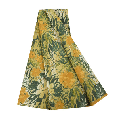 Sanskriti Vintage Sarier Grøn &amp; Gul Ren Crepe Print Sari 5+ yard Håndværksstof