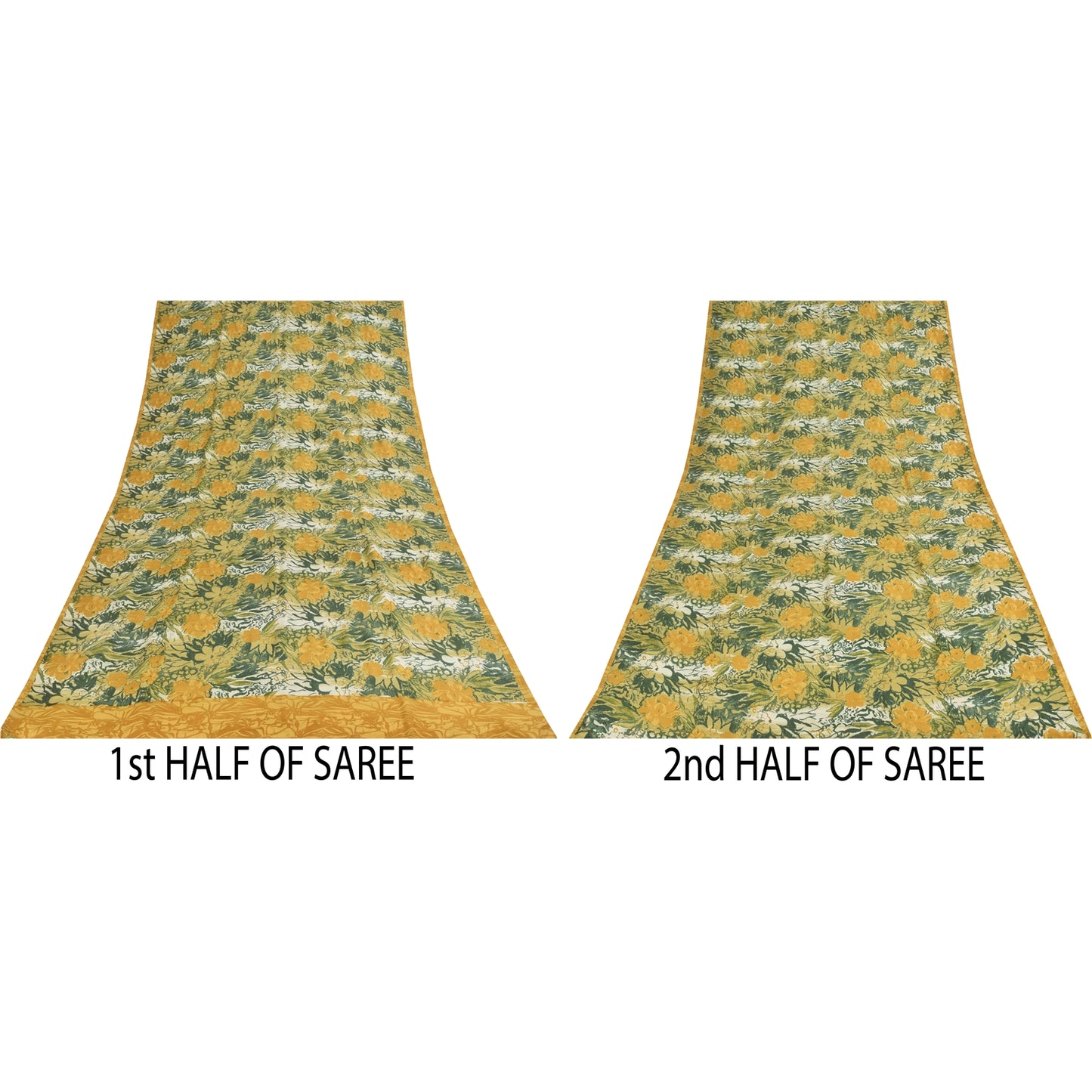 Sanskriti Vintage Sarier Grøn &amp; Gul Ren Crepe Print Sari 5+ yard Håndværksstof