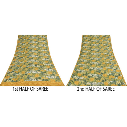 Sanskriti Vintage Sarier Grøn &amp; Gul Ren Crepe Print Sari 5+ yard Håndværksstof