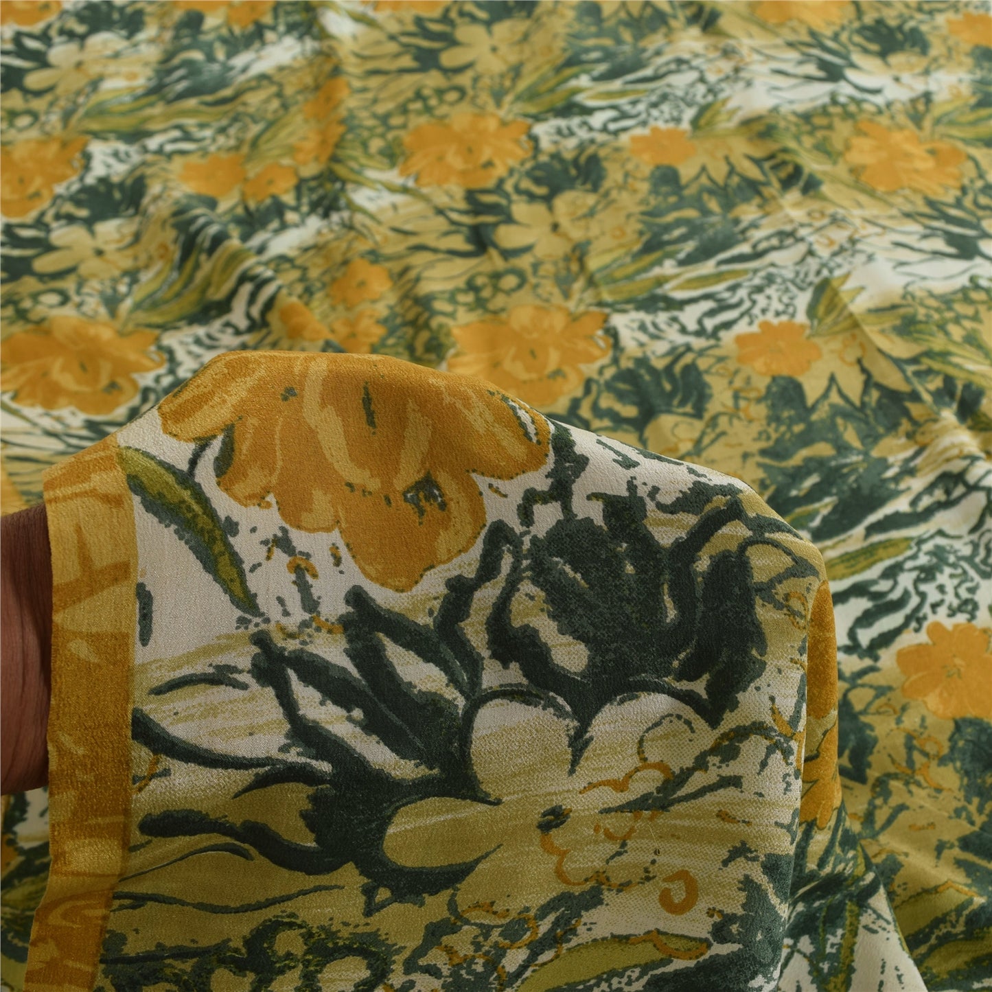 Sanskriti Vintage Sarier Grøn &amp; Gul Ren Crepe Print Sari 5+ yard Håndværksstof