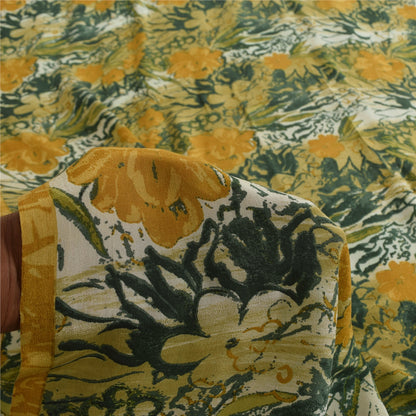 Sanskriti Vintage Sarier Grøn &amp; Gul Ren Crepe Print Sari 5+ yard Håndværksstof