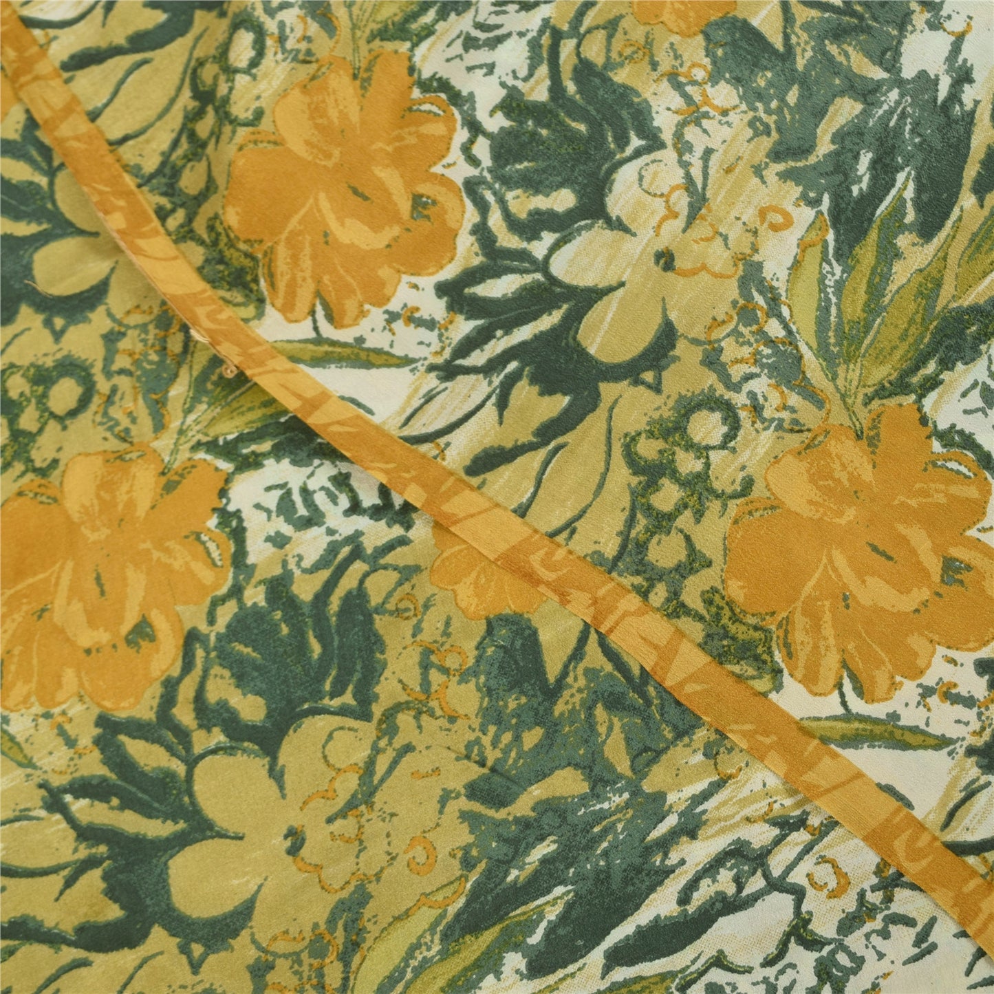 Sanskriti Vintage Sarier Grøn &amp; Gul Ren Crepe Print Sari 5+ yard Håndværksstof