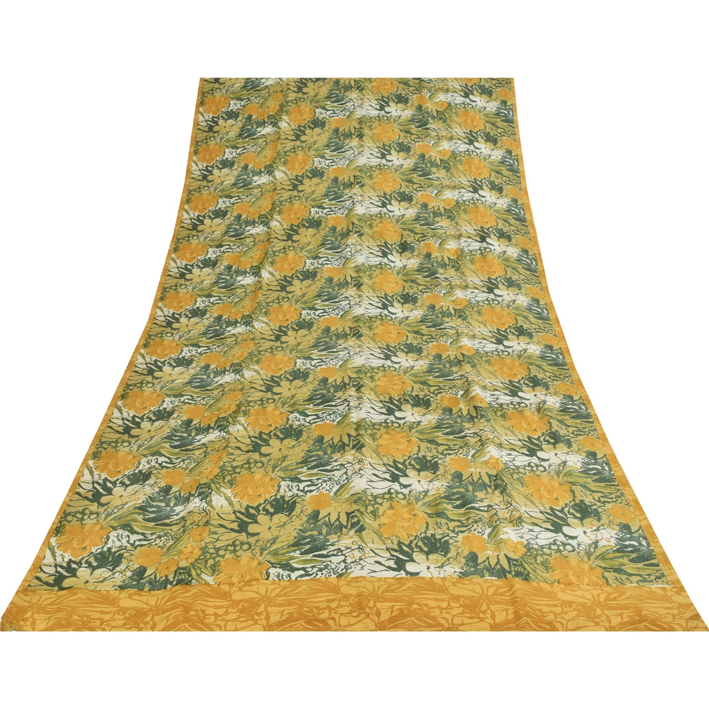 Sanskriti Vintage Sarier Grøn &amp; Gul Ren Crepe Print Sari 5+ yard Håndværksstof