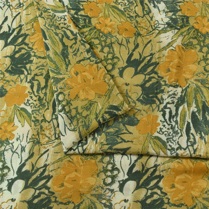 Sanskriti Vintage Sarier Grøn &amp; Gul Ren Crepe Print Sari 5+ yard Håndværksstof