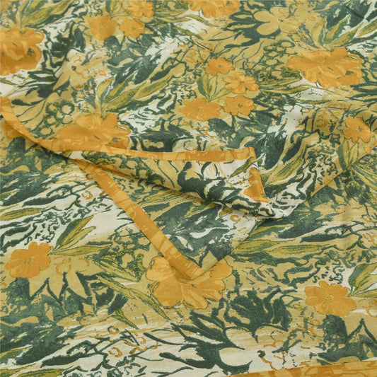 Sanskriti Vintage Sarees Green & Yellow Pure Crepe Print Sari 5+yd Craft Fabric