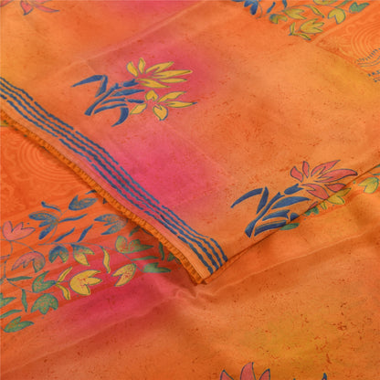 Sanskriti Vintage Sarees Orange Pure Crepe Silk Printed Sari 5+yd Craft Fabric