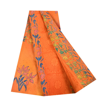Sanskriti Vintage Sarees Orange Pure Crepe Silk Printed Sari 5+yd Craft Fabric