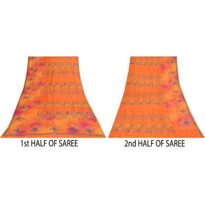 Sanskriti Vintage Sarees Orange Pure Crepe Silk Printed Sari 5+yd Craft Fabric