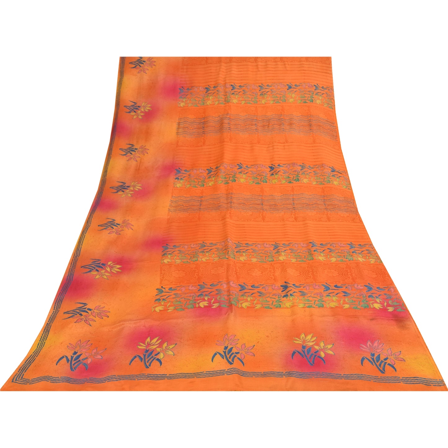 Sanskriti Vintage Sarees Orange Pure Crepe Silk Printed Sari 5+yd Craft Fabric
