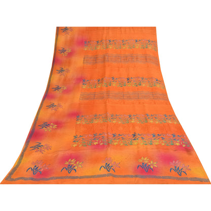 Sanskriti Vintage Sarees Orange Pure Crepe Silk Printed Sari 5+yd Craft Fabric