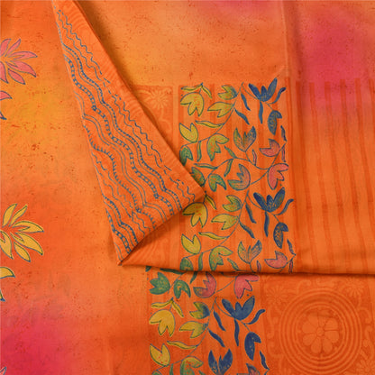 Sanskriti Vintage Sarees Orange Pure Crepe Silk Printed Sari 5+yd Craft Fabric
