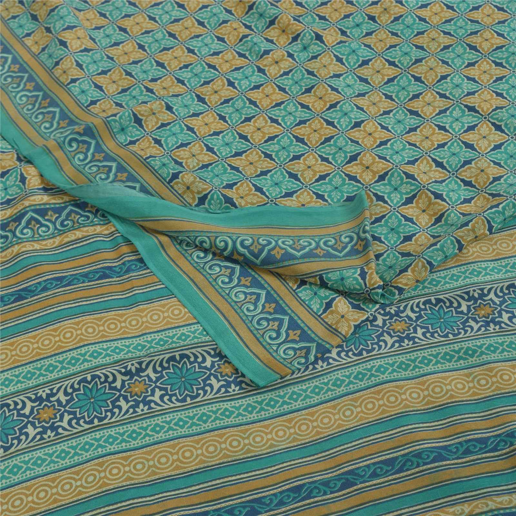 Sanskriti Vintage Sarees Blue Pure Crepe Silk Printed Sari 5+yd Craft Fabric